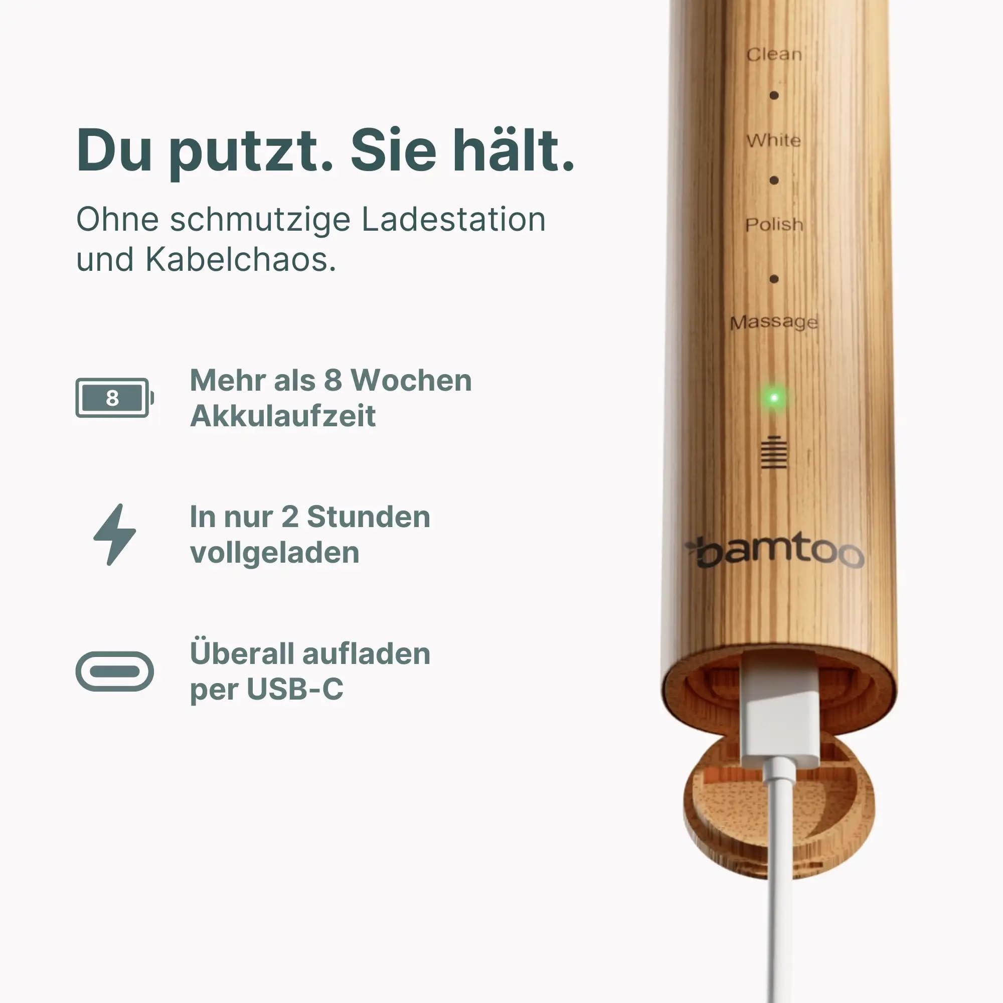 Schallzahnbürste KOA V2 Pro - elektrische Zahnbürste mit über 8 Wochen Akkulaufzeit & 5 Reinigungsmodi - inkl. Bambus-Bürstenkopf, Reiseetui & Smart-Timer - 2 Jahre Garantie - bamtoo