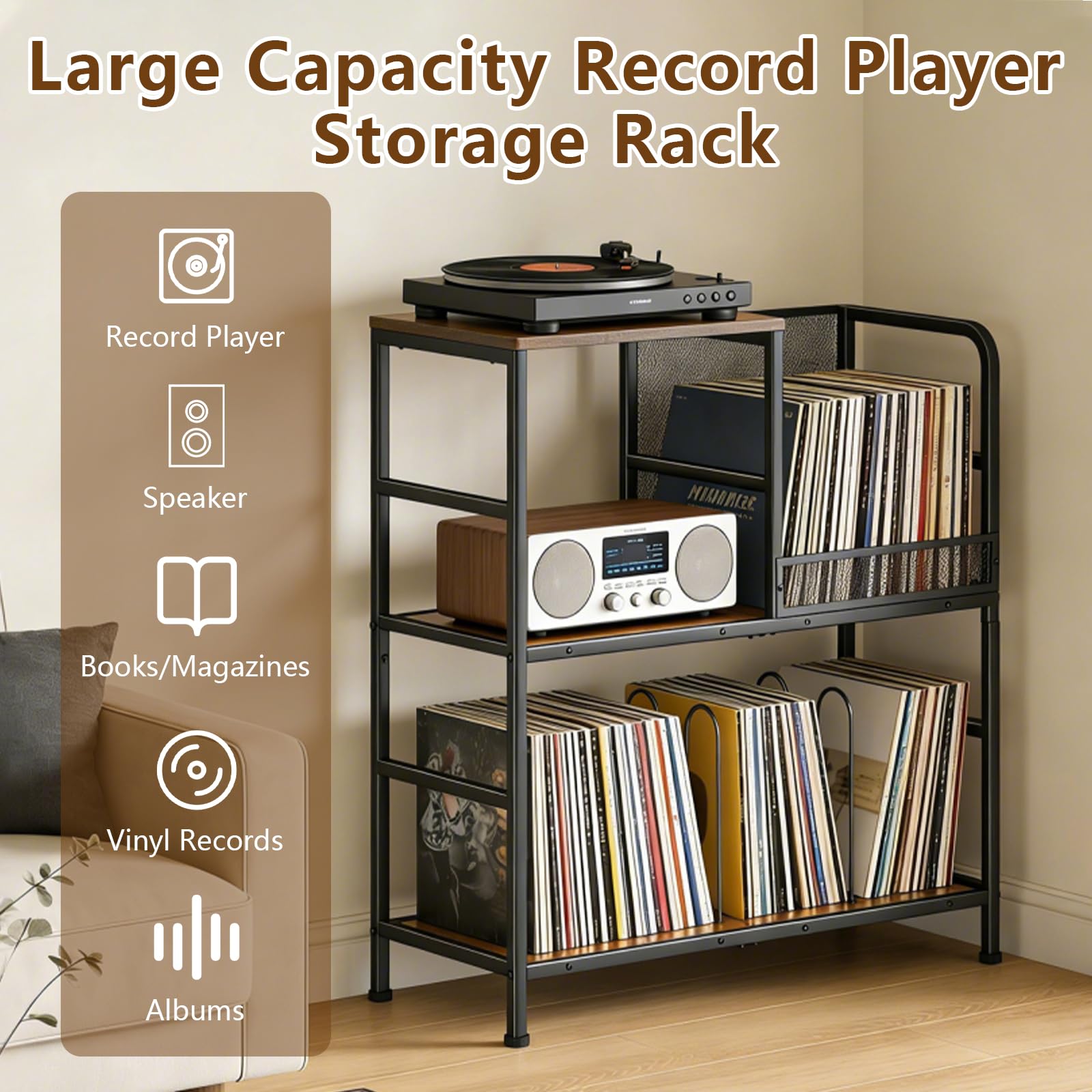 Support de tourne-disque à 3 niveaux - Peut contenir jusqu'à 150 albums - 72,9 x 76,7 x 30 cm - Rustique - Pour salon, chambre à coucher et magazines