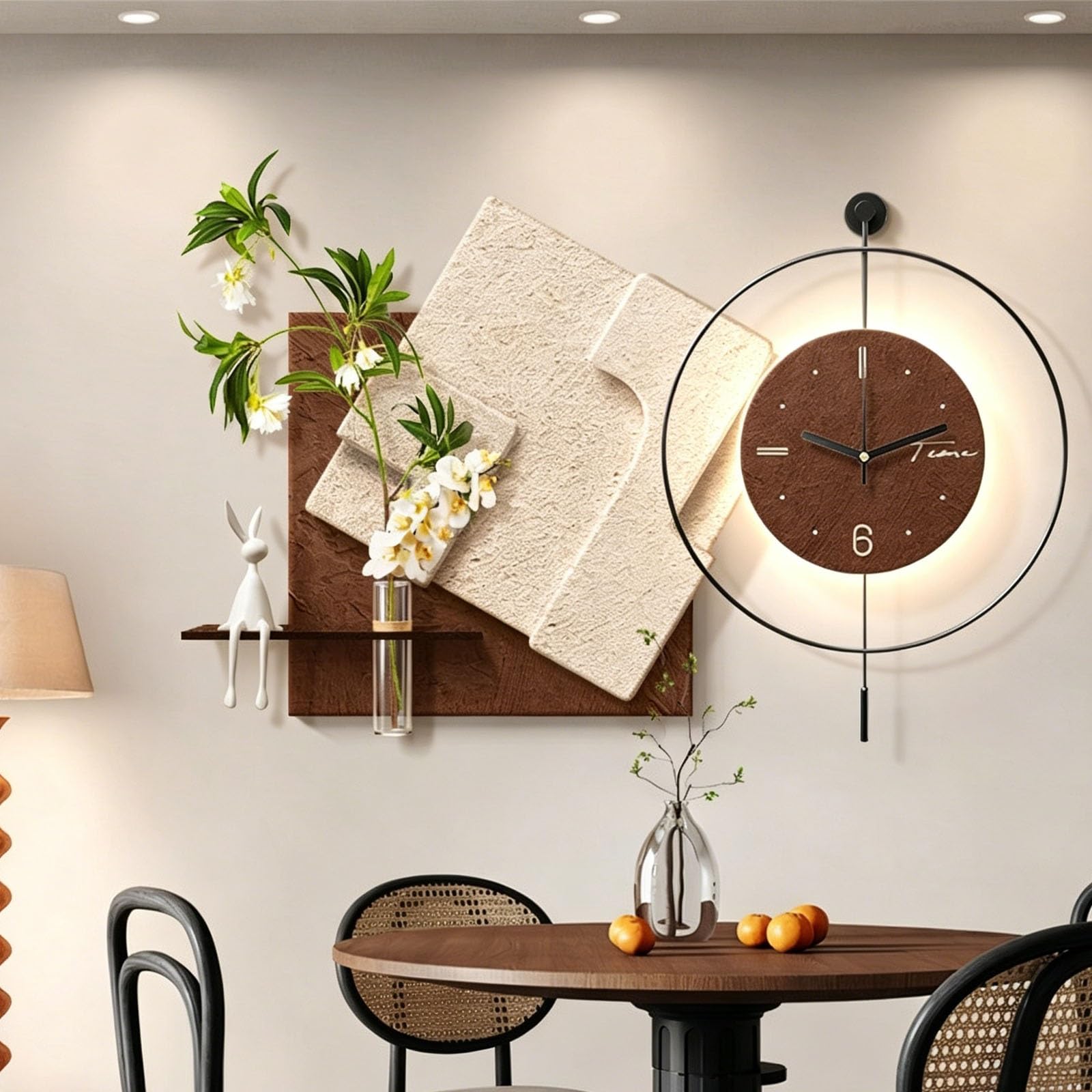 3D Sandstone LED Illuminated Wall Decor — Modern Aesthetic Hanging Clock & Suspended Art (Featuring Faux Greenery) — Decorative Wall Clock for Living Room & Bedroom(E,60*80cm/23.6*31.5)