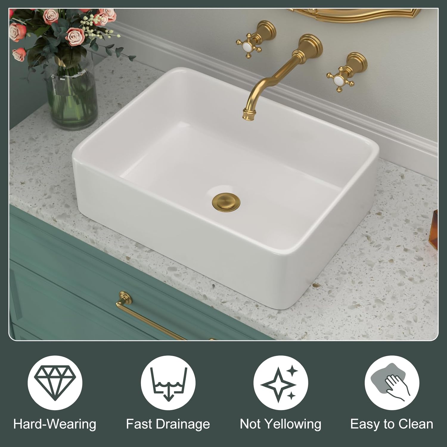 Rectangular Vessel Sink - Beslend 19''x15'' Bathroom Sink Rectangle Above Counter White Ceramic Porcelain Vessel Sinks Art Basin