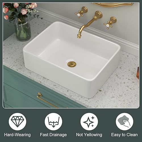 Miniatura 51 de Fregadero de baño de porcelana de cerámica rectangular de 24 x 14 pulgadas sobre mostrador, lavabo de arte blanco y negro Blanco