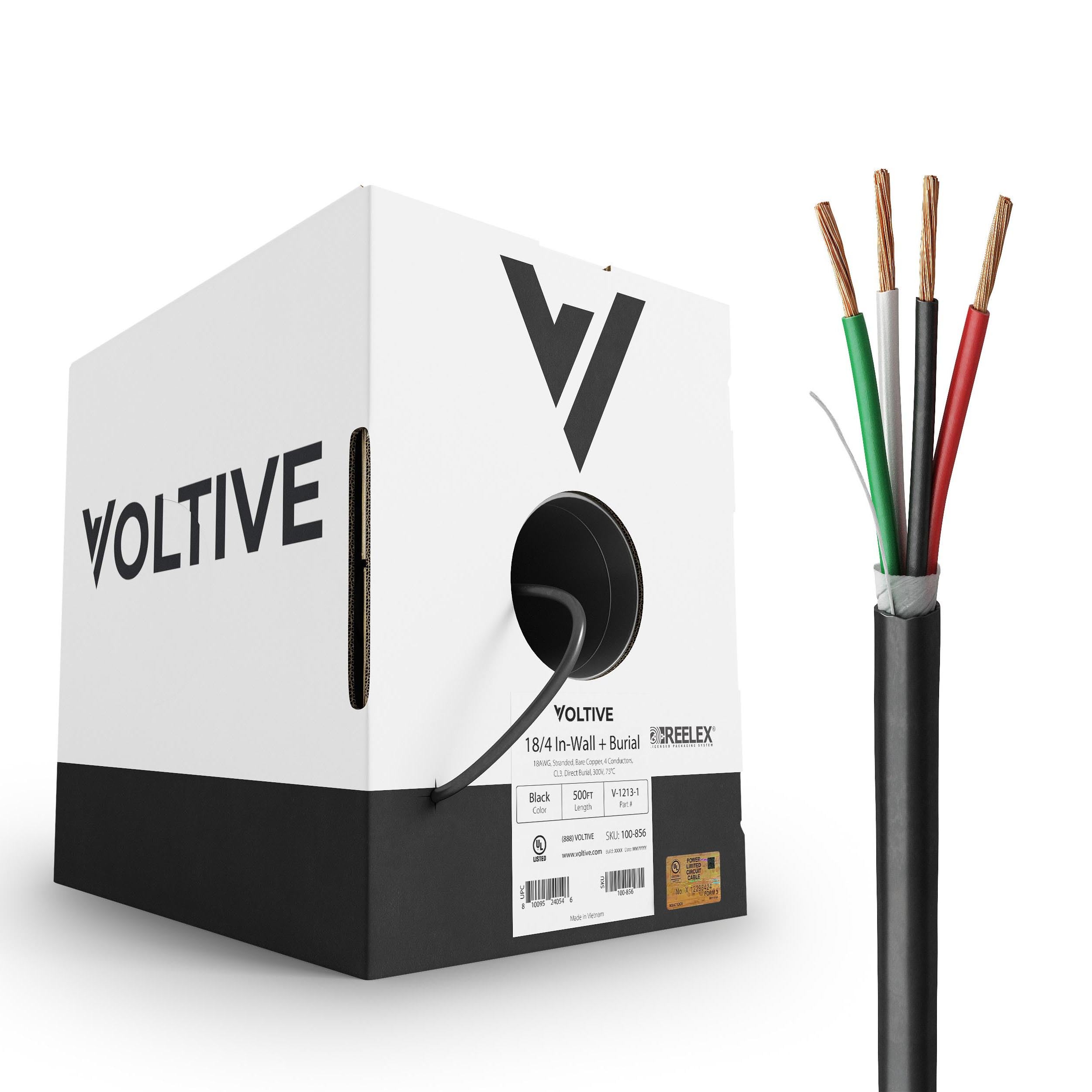 Voltive Cable de bajo voltaje 18/4, 500 pies, negro - cobre desnudo trenzado - UL Listed CL2/CL3 y clasificación de entierro directo - alarma/seguridad, iluminación LED, audio/altavoces