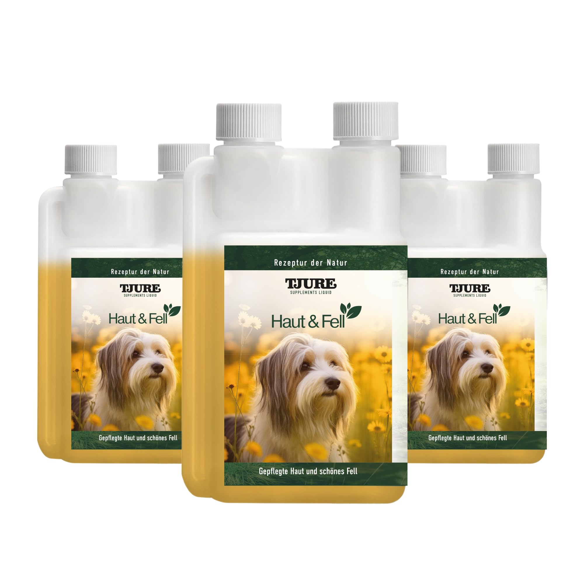 TJURE Haut & Fell Liquid Hund | 3 x 500 ml Sparset | Ergänzungsfuttermittel für Hunde mit pflanzlichen Kräuterextrakten | Unterstützt die Normale Hautfunktion & Fellbeschaffenheit | Ohne Zusätze