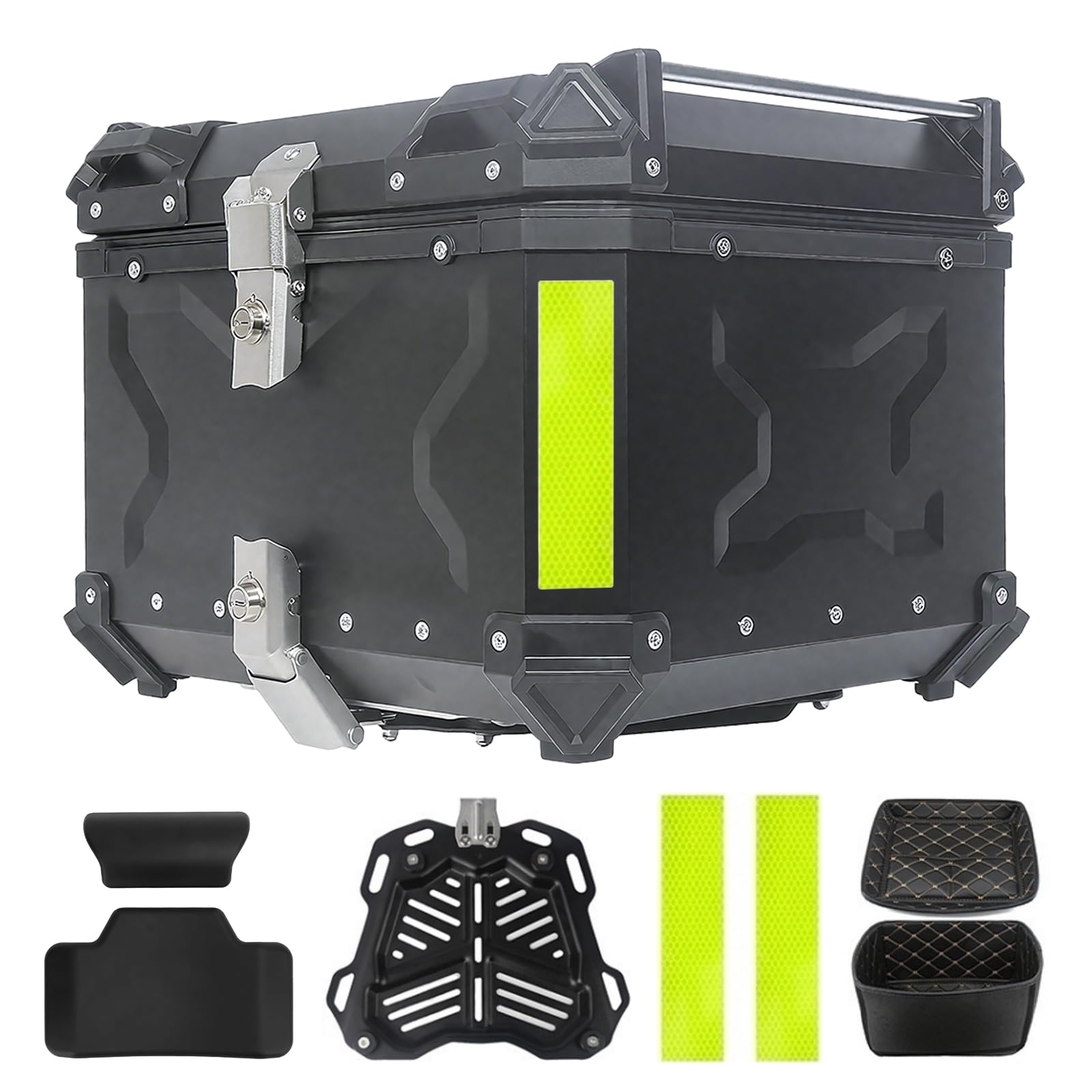 Top Case Moto 55L Universel Alu avec Dossier – Étanchéité IP68, Coffre Arrière Sécurisé Antivol, INCL. Plaque de Montage pour la Plupart des Motos & Scooters (Noir)