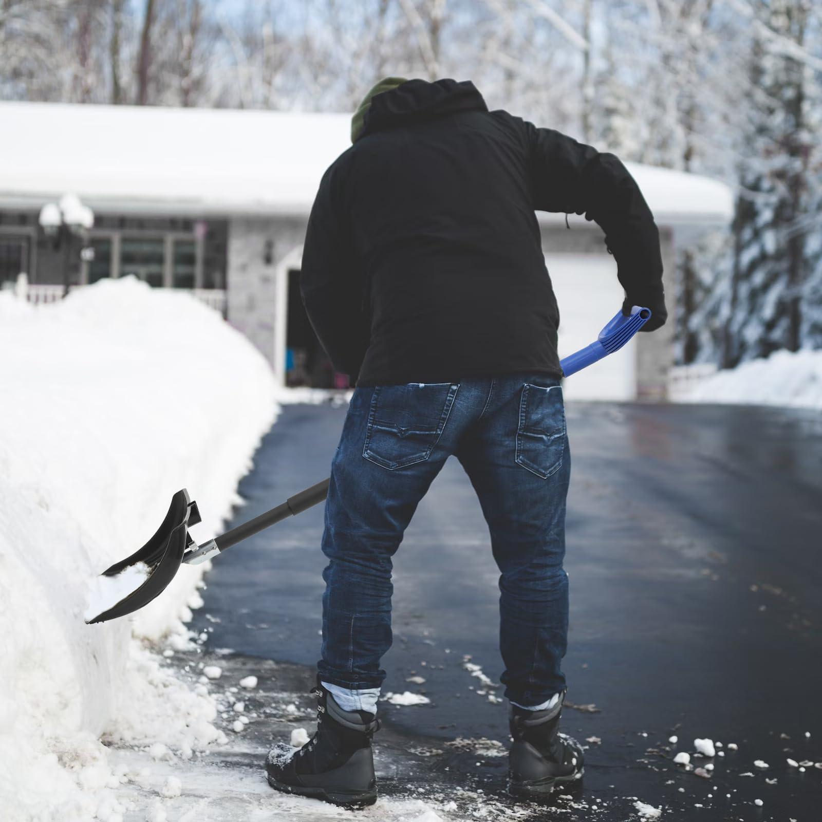 Magshion Combo de pala de nieve y empujador con mango en D, hoja de borde de aluminio de 22 pulgadas, pala de nieve portátil ligera de gran capacidad, color negro