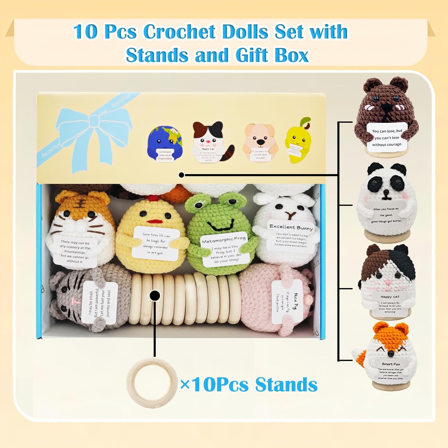 10pcs Positive Mini Crochet Animals Bulk with Stand Cheer Up Support Handmade Cat Doll Friendship Birthday Gifts for Women Men Mom Funny Decor Desk Office Coworker Inspirational