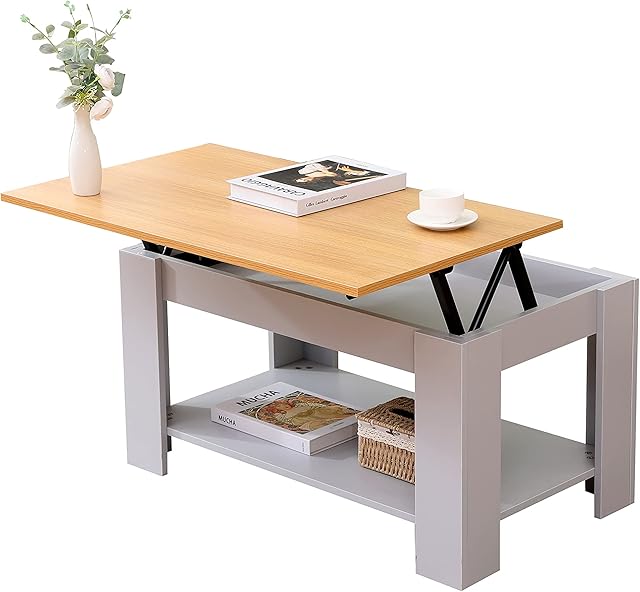 HOME MODERN Lift Top Coffee/Sofa Tables with Large Hidden Drawers and Bottom Shelf Wooden Living Room/Office Furniture,85X50X45CM;Grey+Oak Color