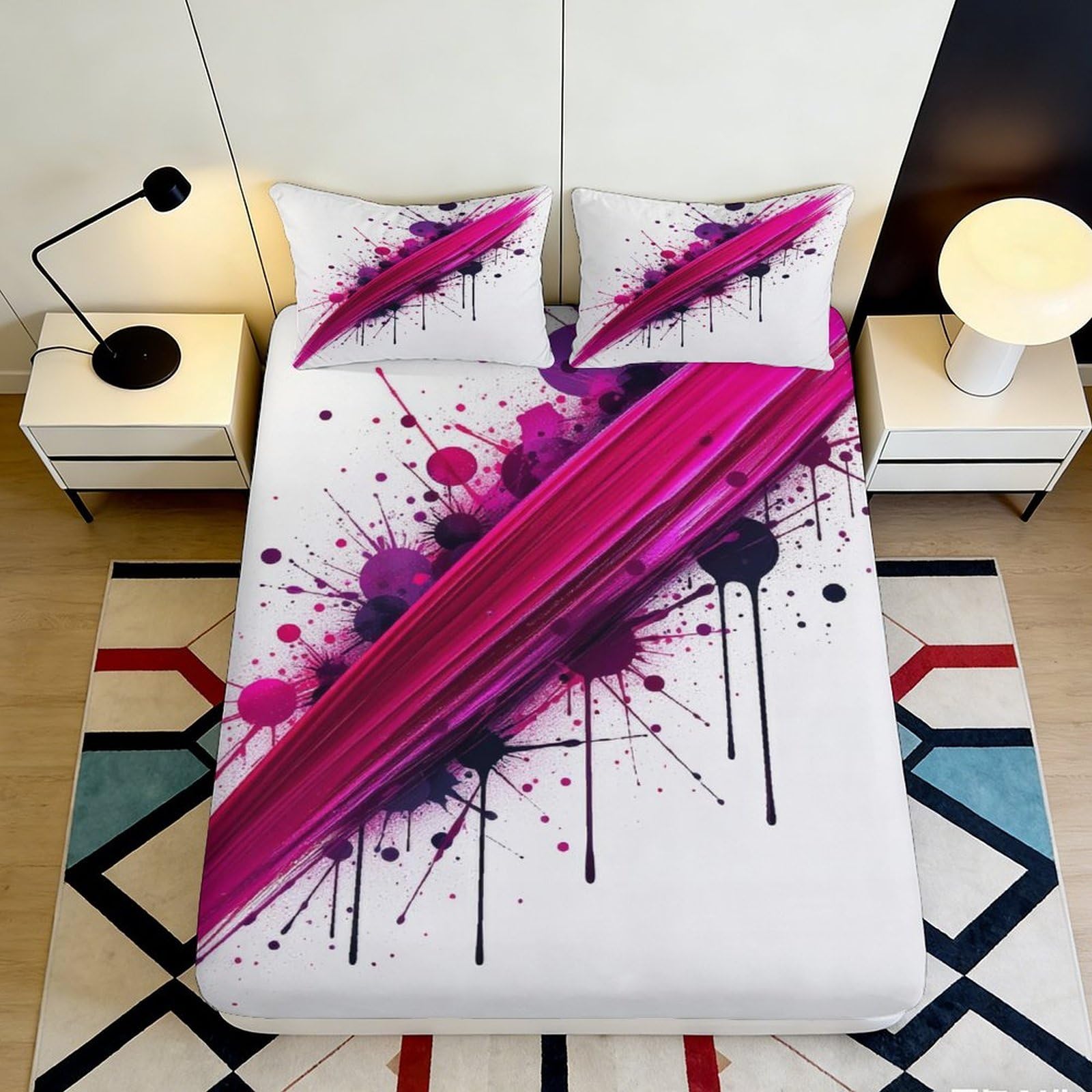 Jqzkxnhpbr Style-4 3D Printed Abstract Splash Fitted Sheet Microfiber Pink Stroke Mattress Cover For Bedroom Guest Room Decor 90X200x25cm
