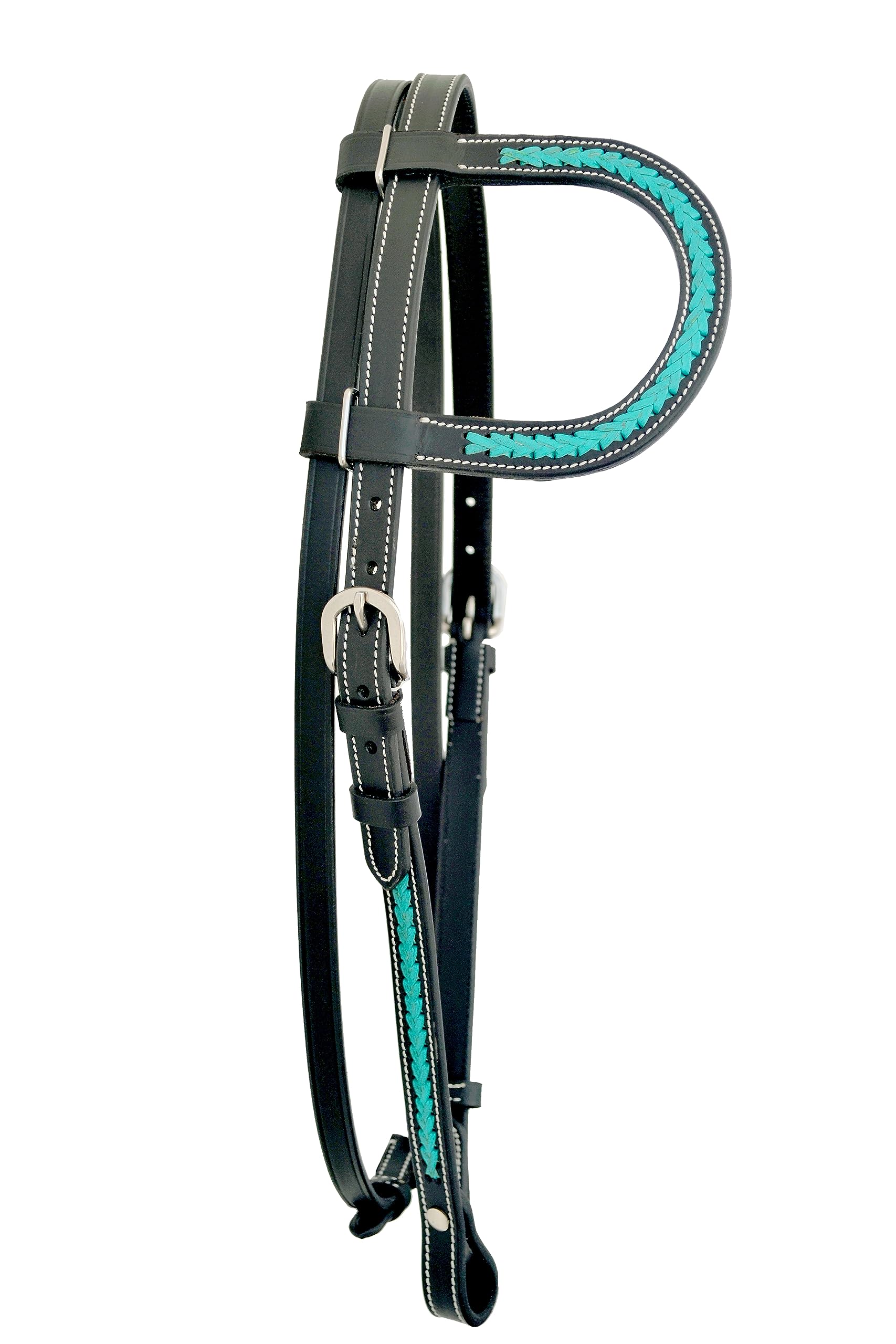 WeavingCraft Genuine Top Grain Black Leather Western One Ear Headstall Bridle with Hand Braided Turquoise Rawhide