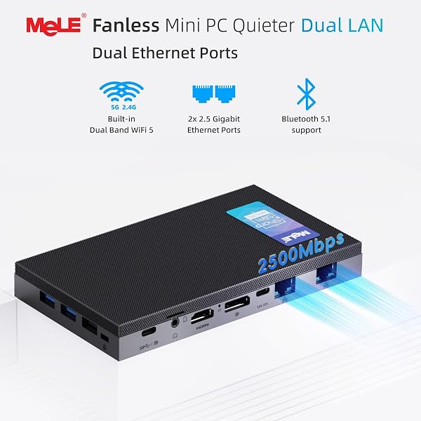 MeLE QuieterDL Mini PC sin Ventilador 2.5Gb Dual LAN Twin Lake N150(hasta 3.6GHz) 8GB DDR4 256GB ROM Micro PC de Oficina USB-C HDMI2.0+DP1.4 Triple Pantalla Ordenadores de sobremesa - 5