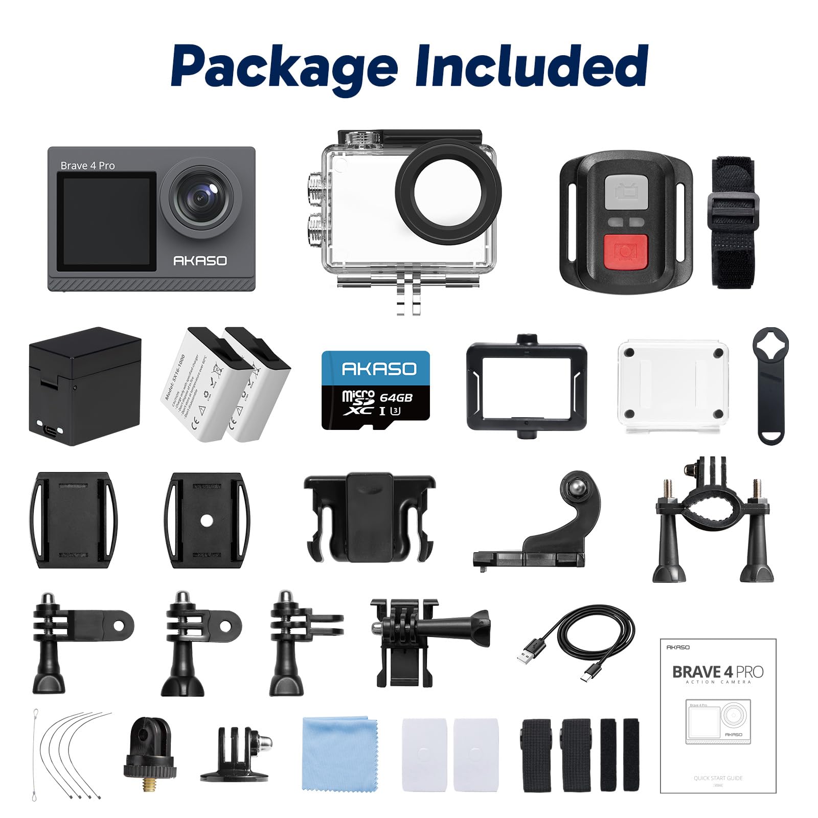 AKASO Brave 4 Pro Action Cam 4K 40M con Scheda di Memoria U3 da 64GB, Videocamera 20MP WiFi 170° Grandangolare Doppio Schermo EIS Stabilizzazione, Touch Screen, 5x Zoom | Videocamera 20MP WiFi, Grandangolare 170°, EIS, Touch Screen, Zoom 5×, 2 Batterie da