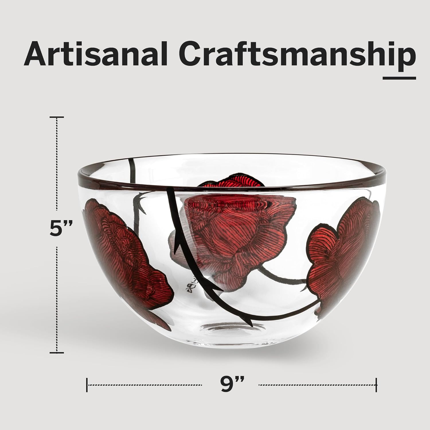 Kosta Boda 8.8" Tattoo Serving Bowl, Hand-Painted Glass - Rose Tattoo Inspired, Wide & Shallow Bowls, For Salad, Popcorn, Chip and Dip, Fruit, Red/Clear