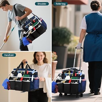 Large Rolling Cleaning Caddy Bag with Detachable Trolley, Full Support Plates for Professional Cleaning Supplies Bag, Organizer Bag with 4 Universal Wheels for Housekeepers, Car Wash