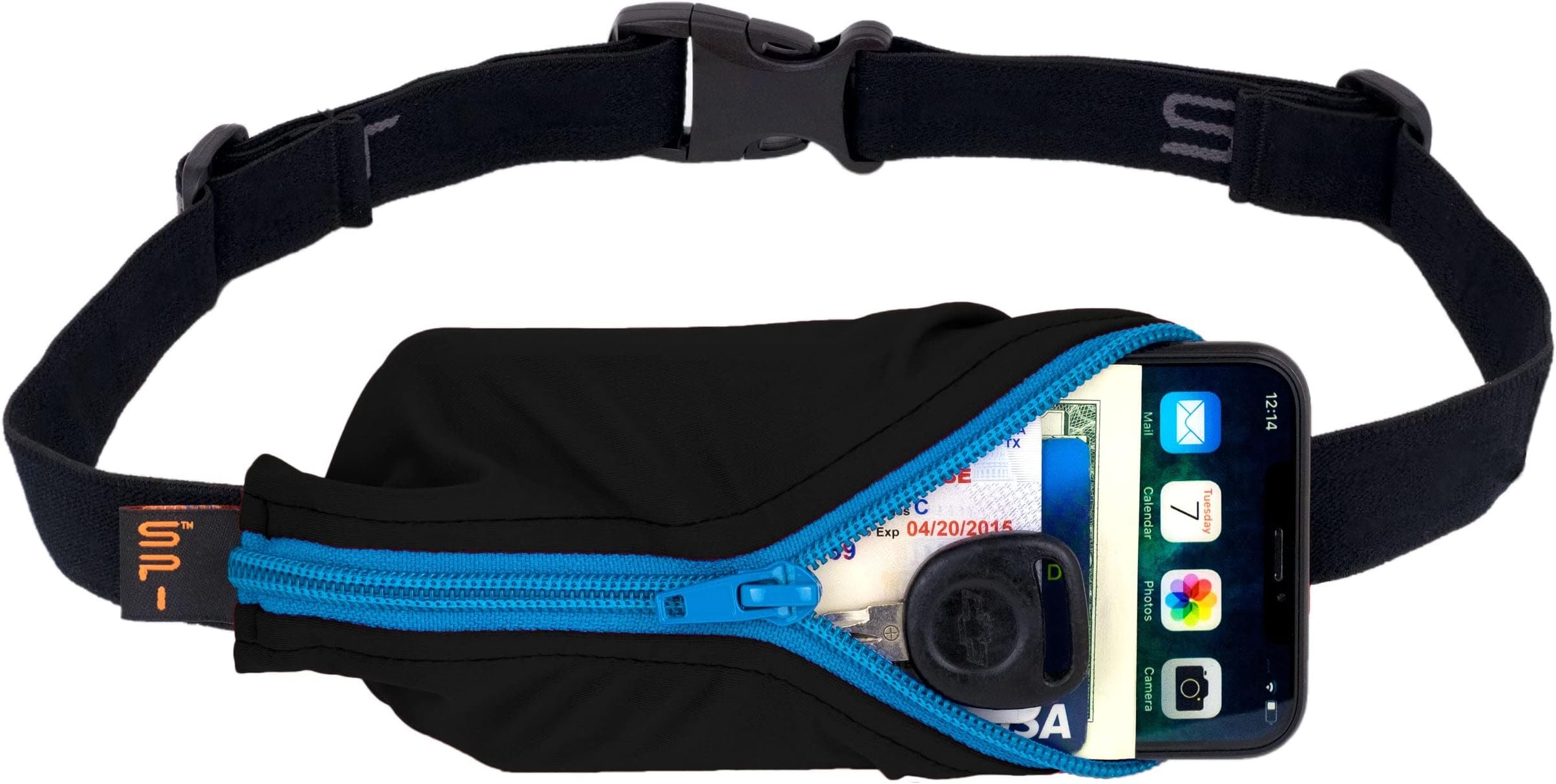SPIbelt Large Pocket Running Belt for Women Men, Phone Holder for Running, Running Fanny Pack, Holder for Phone, Running Waist Pack, Expandable, Adjustable. Black with Turquoise Zipper