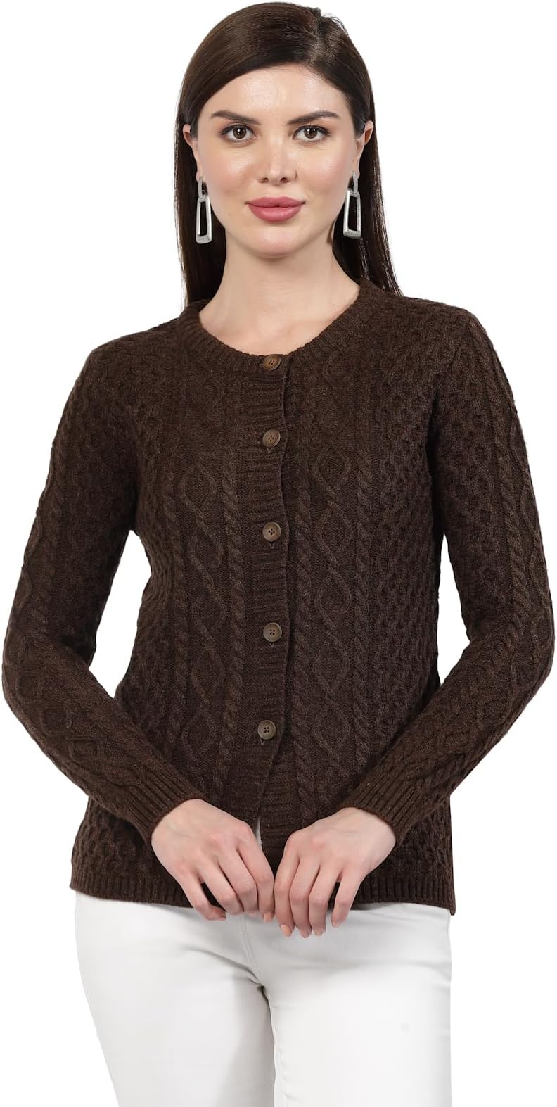 Kalt Women Sweater for Winters Woolen Acrylic Full Sleeve Round Neck Cable Design Cardigan Sweater for Women Winter Woollen Stylish