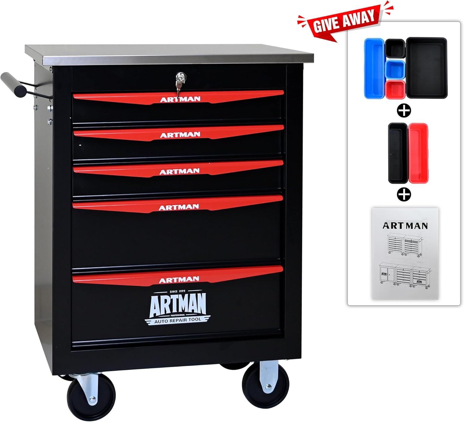 Runboll 5 Drawer Rolling Tool Chest with Locker, 22.2" D Metal Movable Lockable Tool Cart Box Multi-Functional Hardware Storage Cabinet Box for Warehouse Basement Home Pantry Garage