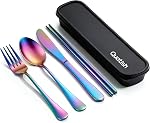 Travel Utensils with Case, Quatish Portable Utensil Set for Work, Stainless Steel Reusable Travel Cutlery Set, Spoon and Fork Set for Camping, Picnic, Gadgets, Men Lunch Box, Camping Essentials, Black