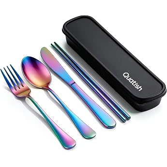 Quatish Camping Cutlery Set of 4 Stainless Steel Travel Cutlery with Case Cutlery Set to Go Stainless Steel Cutlery Bag for On the Go Outdoor Travel Work School Rainbow Colour
