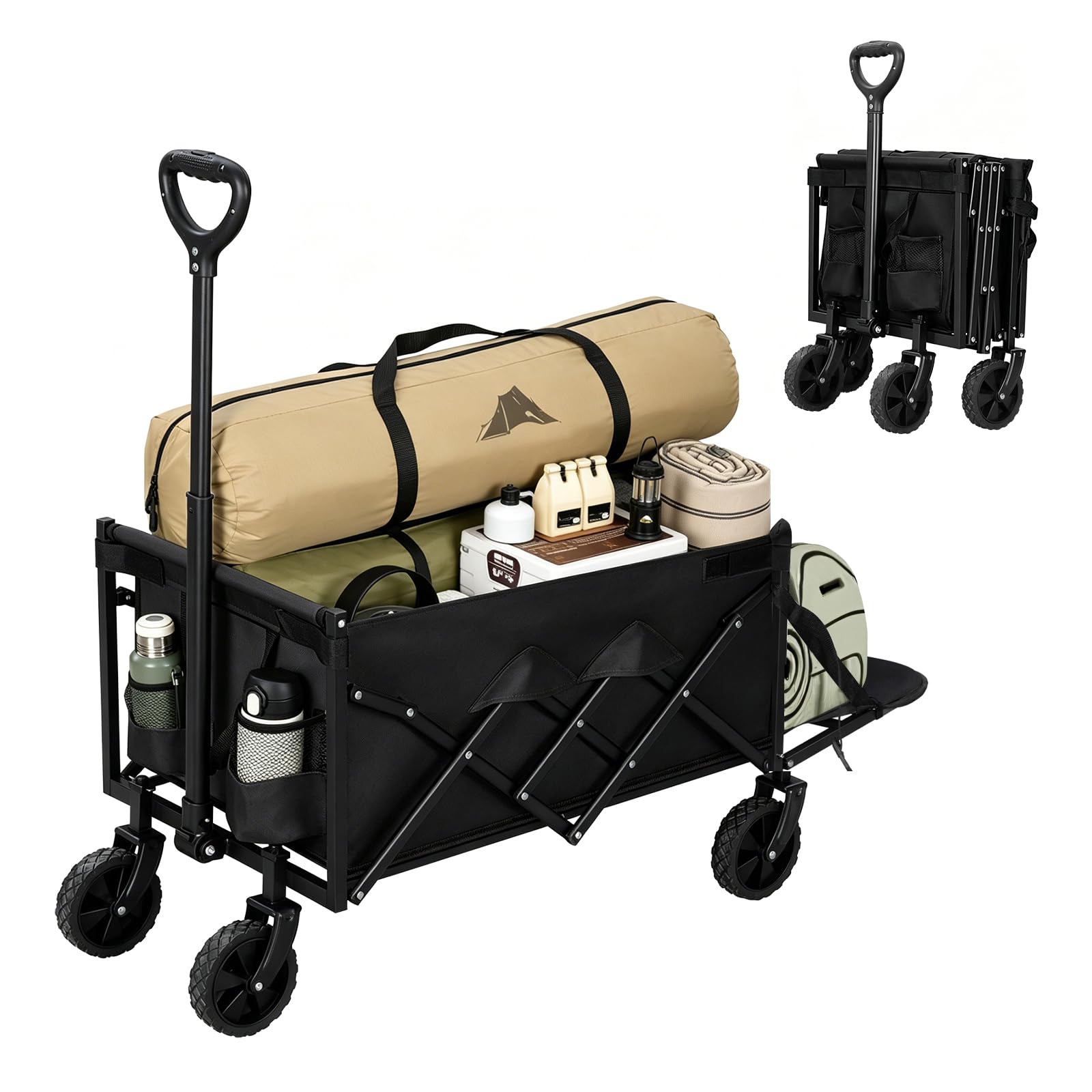 WOLTU 110L Festival Trolley on Wheels, Folding Camping Trolley Garden Wagon Cart with Drop-Down Rear Panel, 2 Cup Holders, Automatic Self-Returning Handle, 150 kg Load, Metal Frame, Black