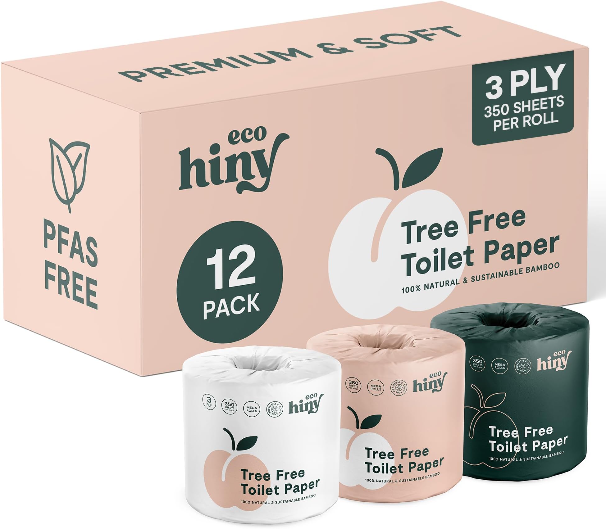 ecoHiny Premium Bamboo Toilet Paper 12 Mega Rolls 3ply 350 Sheets PFAS Free