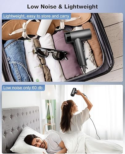 Miniatura 6 de Secador de pelo, secadora de pelo de alta velocidad de 1500 W de bajo ruido con 4 temperaturas y 3 velocidades, secador de pelo iónico negativo,