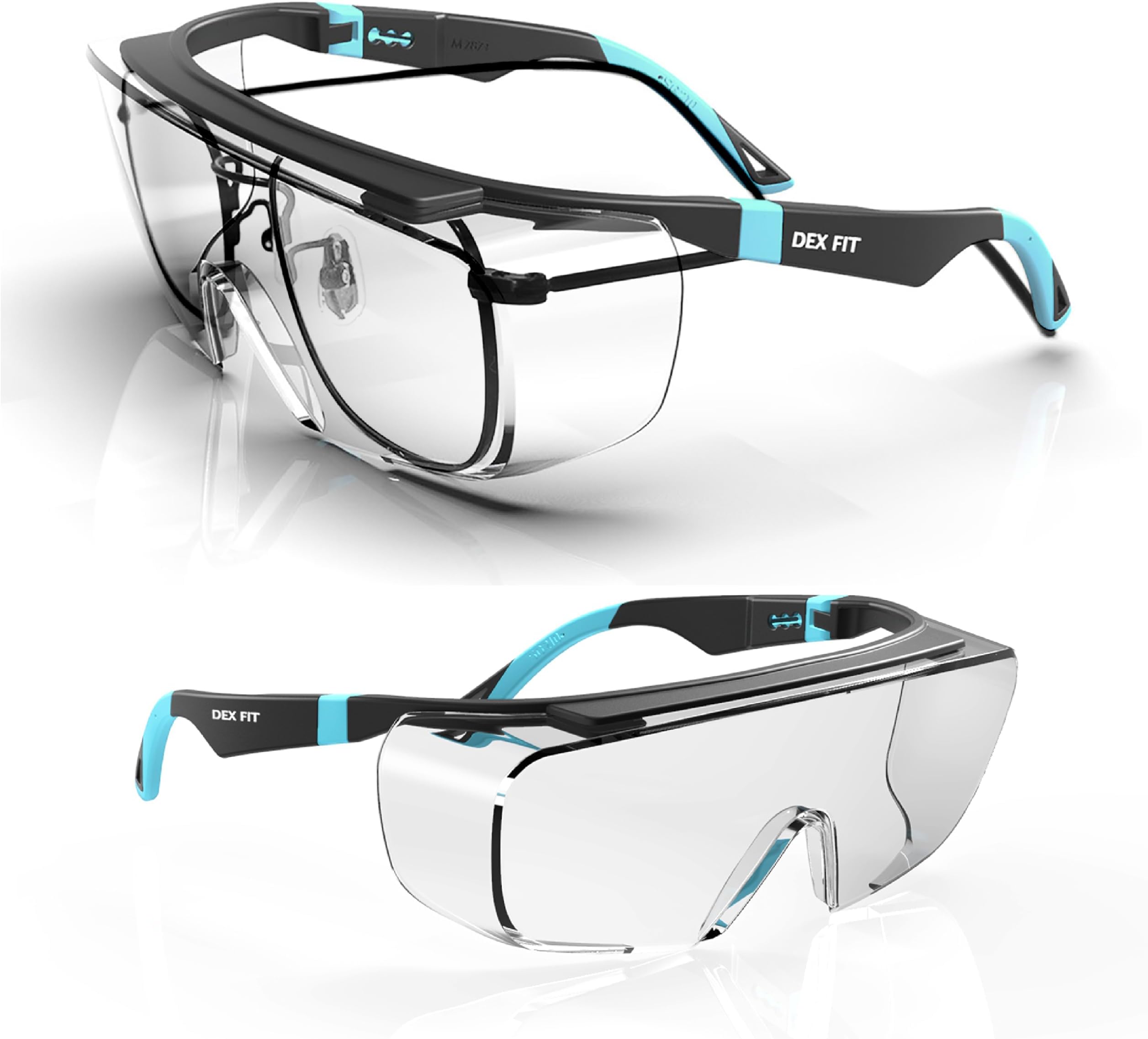 DEX FIT Safety Work Over Glasses SG210 OTG; Z87 Eye Protection for Men & Women, Fog & Scratch Resistant, Adjustable, UV Block (Black & Blue Frame, Clear Lens)