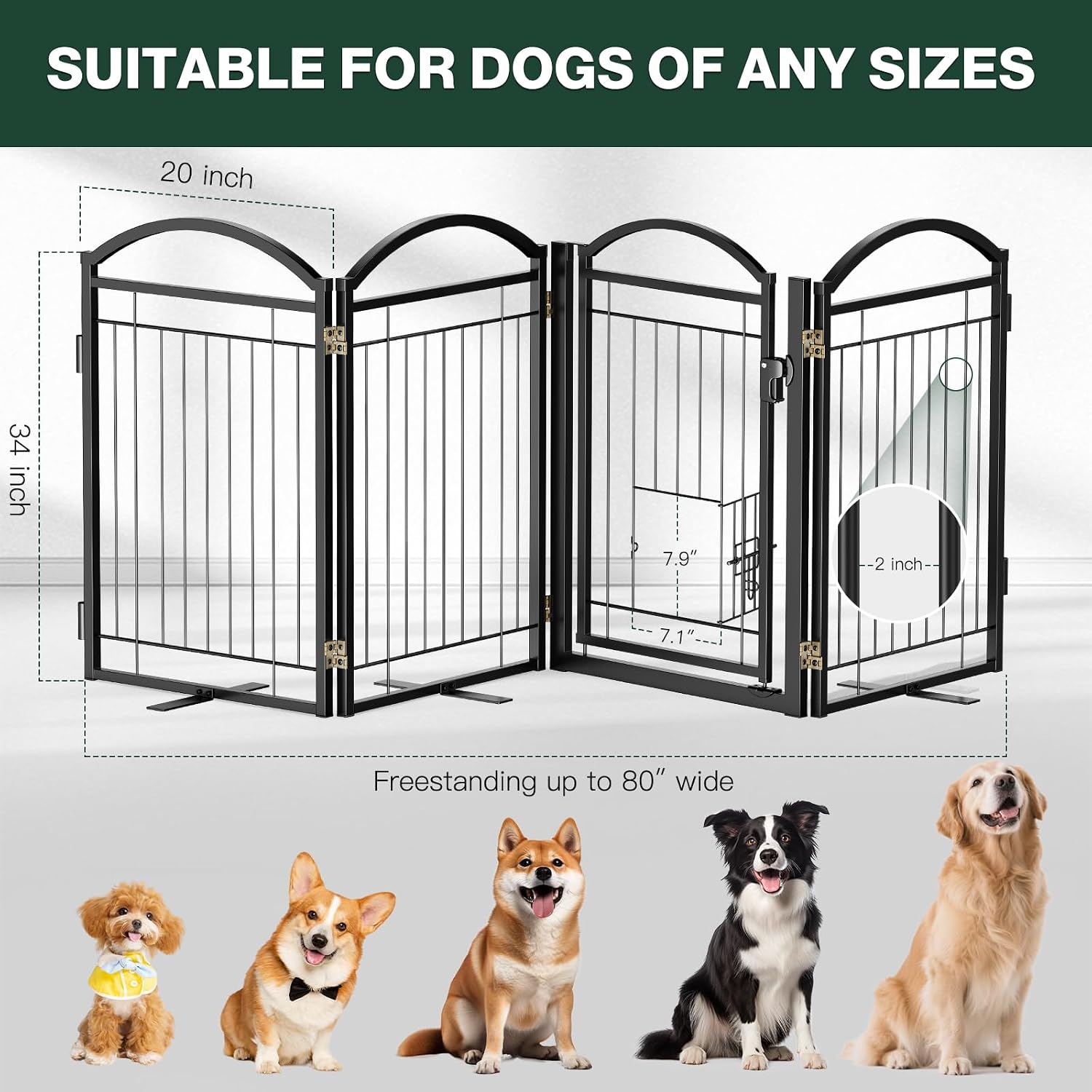 Metal Freestanding Dog Gate with Cat Door for Indoor & Outdoor,34" Tall Foldable Dog Fence,80" Extra Wide Freestanding Pet Gate for Large Openings,RV Camping,Stairs,Deck,Yard,Doorways(4 Panels,Black)