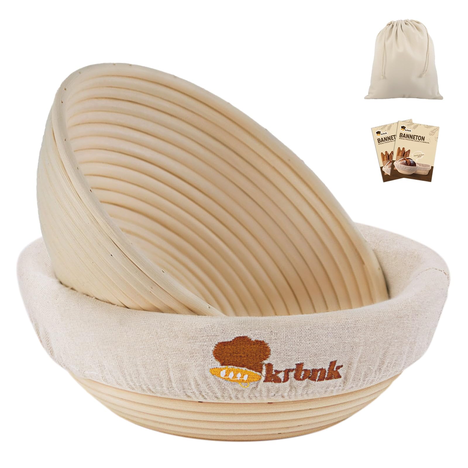 Banneton Bread Proofing Basket, Proofing Basket for Sourdough Bread Baking, Indonesian Rattan Bread Bowl Sourdough bread Baking Supplies with Linen Liner (9" Round Basket x 2)