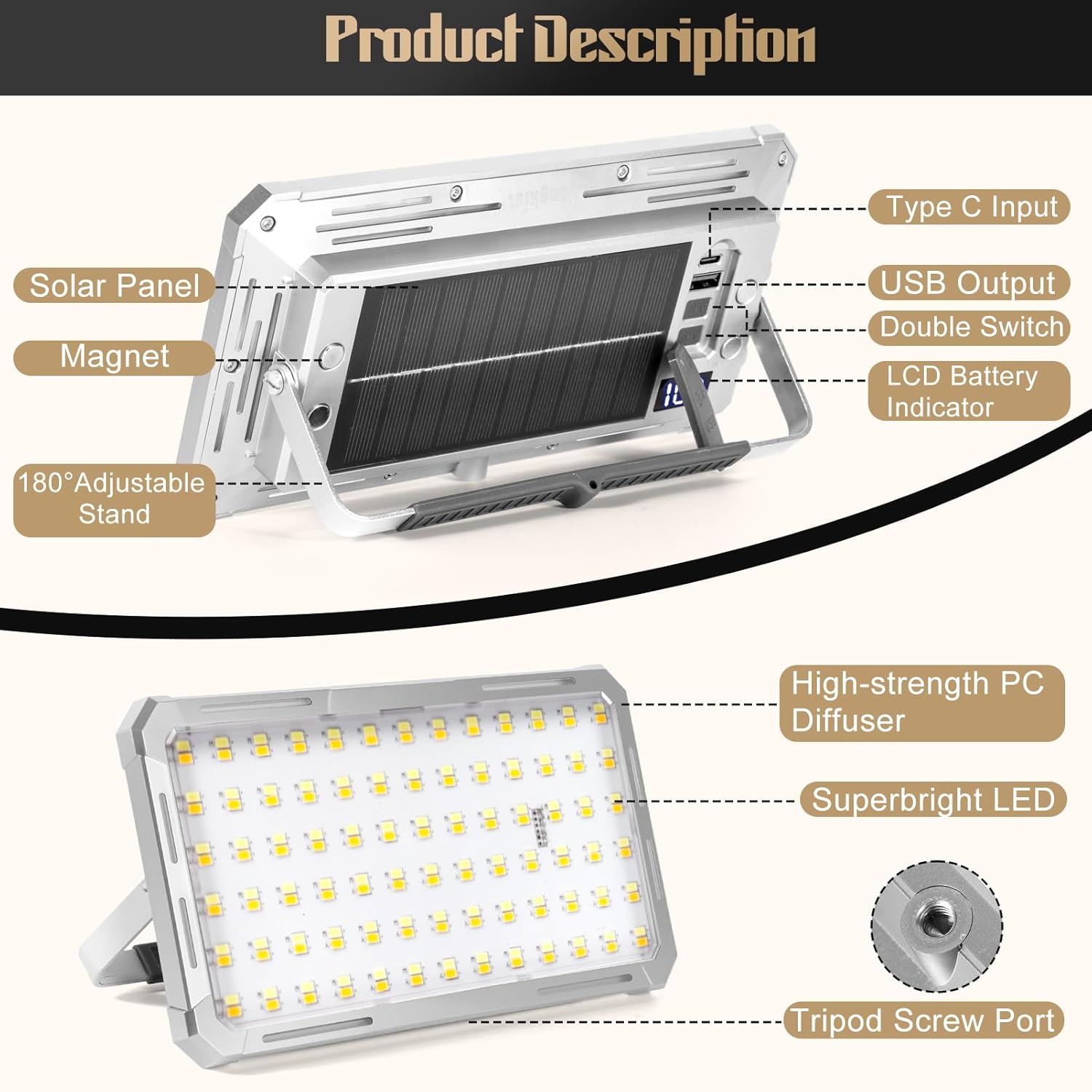 Solar Rechargeable Work Light with Power Bank & Battery Indicator, 178 LED Portable Flood Light with Magnetic Base, 4 Modes IP44 Waterproof Job Site Lamp for Camping, Fishing, Car Repair (Silver Body)