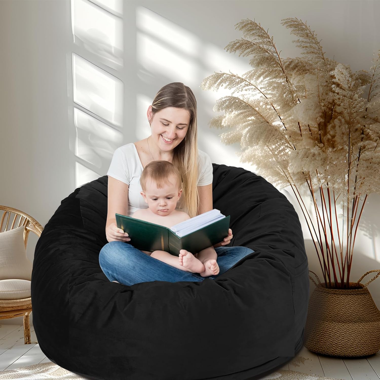 3 Feet Bean Bag Chair, Memory Foam Filled, Removable Cover, Bean Bag Chairs for Adults and Teens, Round Sofa Chair for Living Room, Bedroom and Gaming Room, Black