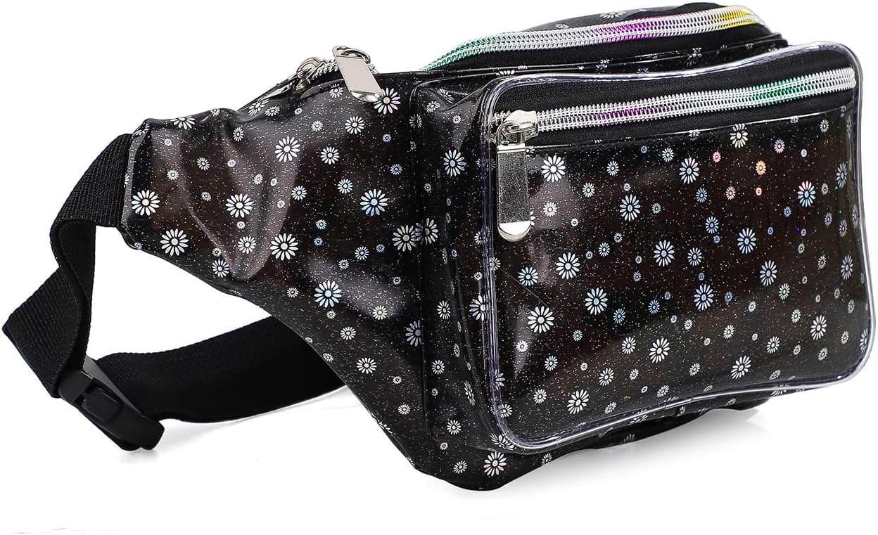 Festival Rave Holographic Black Translucent Flower Fanny Pack for Women Girls Concert Waist Belt Bum Bags -Black Translucent Flower