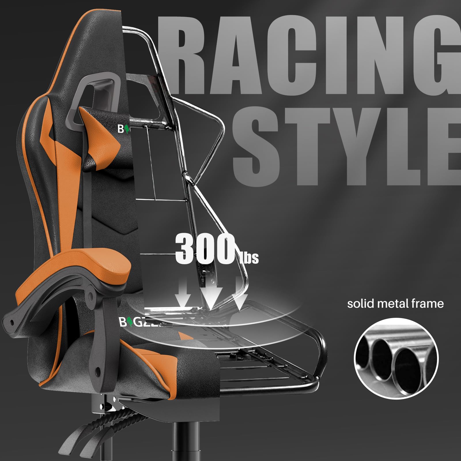 bigzzia Silla Gaming,Silla Ergonómica de Oficina en Cuero PU,Regulable en Altura con Soporte Lumbar y Reposacabezas,Respaldo Reclinable 155°,Silla Gamer Adulto Niño(Verde) (Naranja)