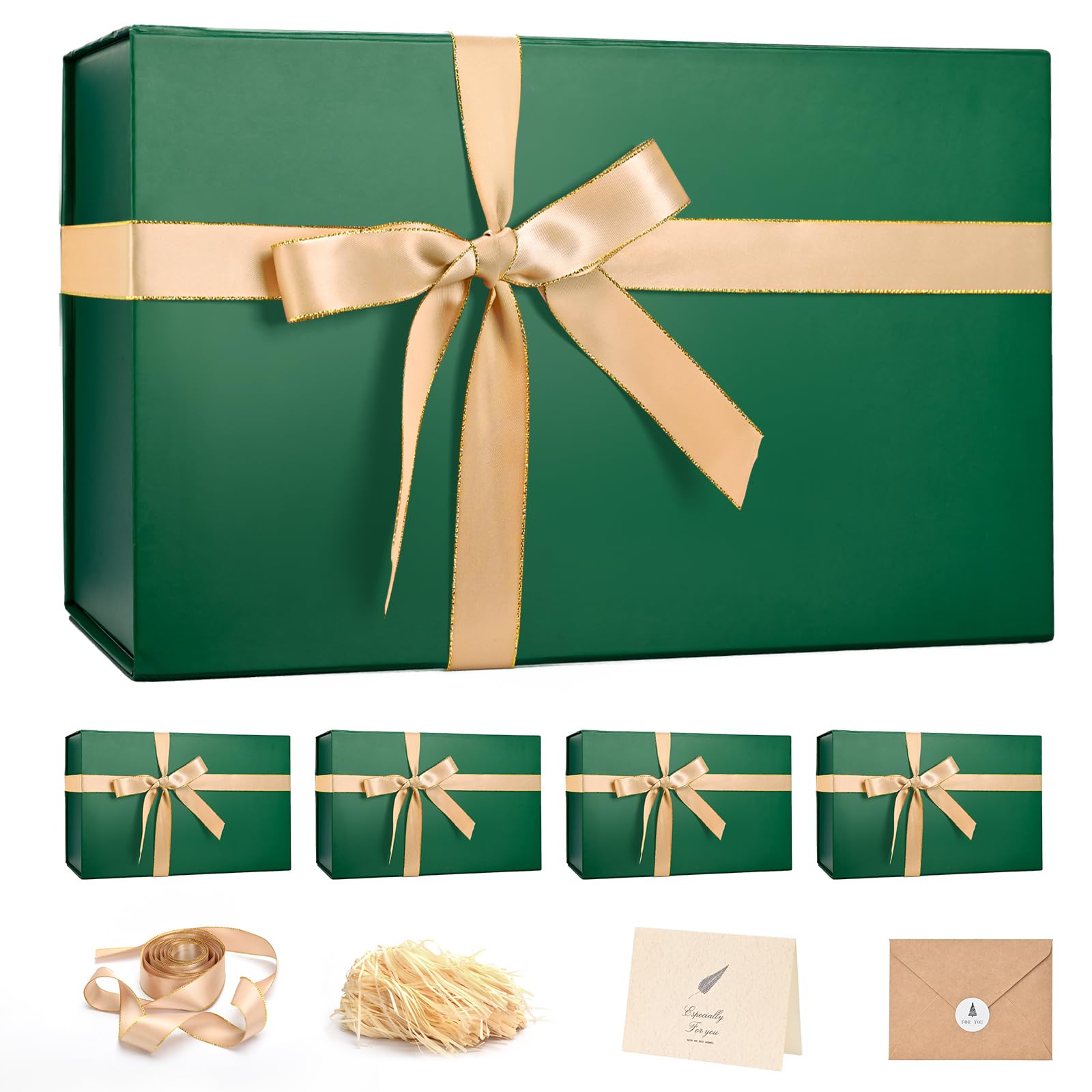 LIFELUM Green Gift Box 14"x8.5"x4.5" Christmas Gift Boxes with Lids for Presents for Anniversary Wedding Proposal Birthday Gift boxes with Shredded Filler Card Ribbon