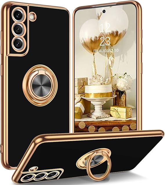 YINLAI Samsung Galaxy S21 FE Case Soft Silicone TPU Slim Case with Gold Magnetic Ring Holder Shockproof Women Protective Girls Case Cover for Samsung Galaxy S21 FE 5G, Black