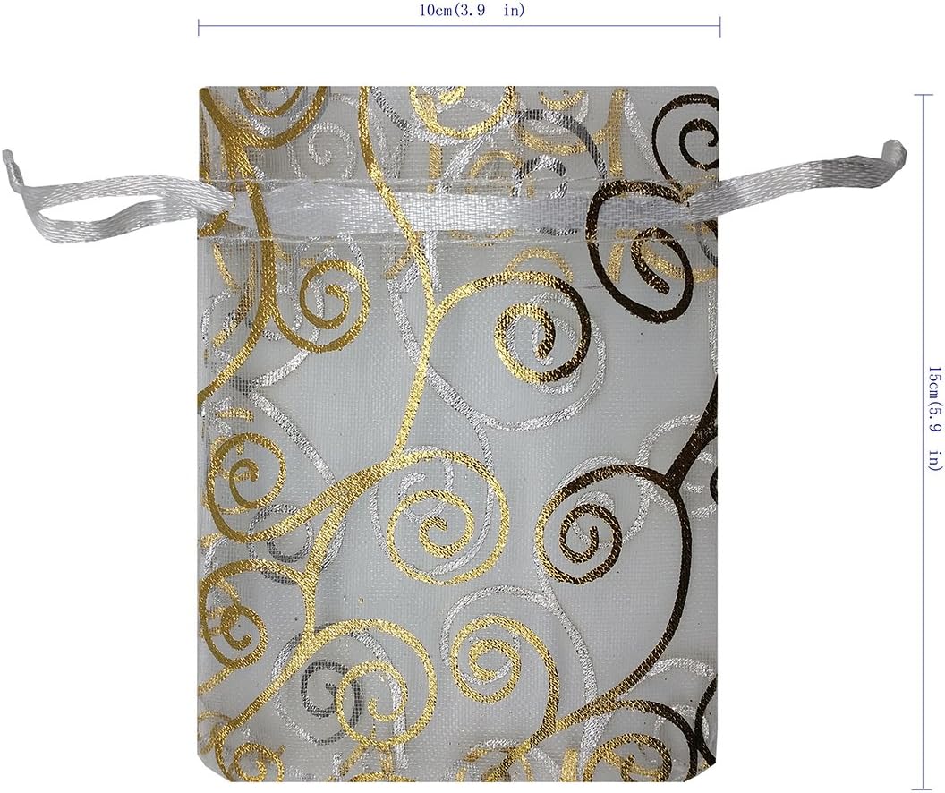 100pcs Sheer Organza Favor Bags For Wedding Baby Shower Rattan Print Gift Bags Samples Display Drawstring Pouches (4x6 inch, white) - Image 8