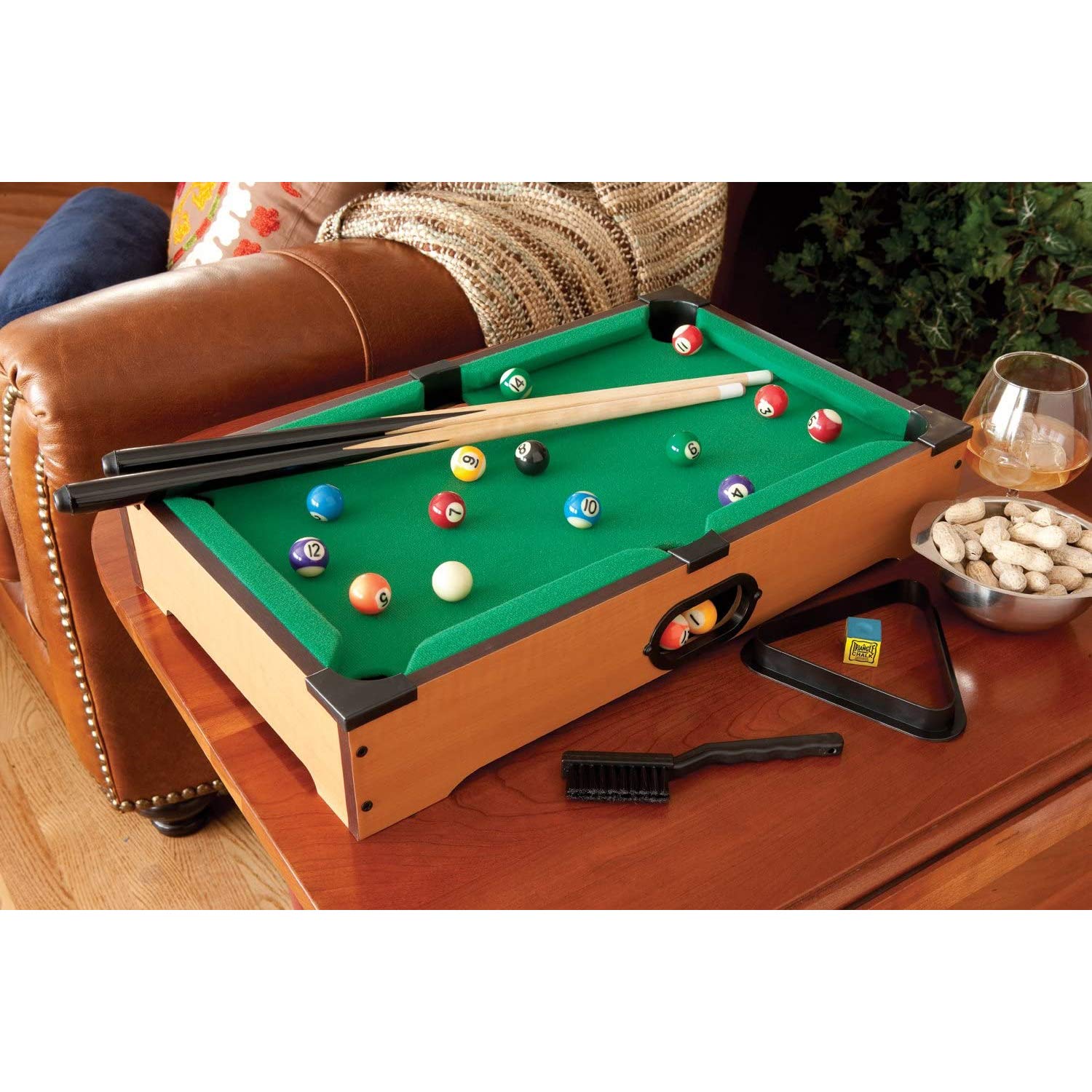 05387 Juego de Billar de sobremesa 51cm. Incluye 2 Palos, 2 Tacos, Cubo de Tacos, triángulo para Bolas, un Cepillo y 16 Bolas de Billar
