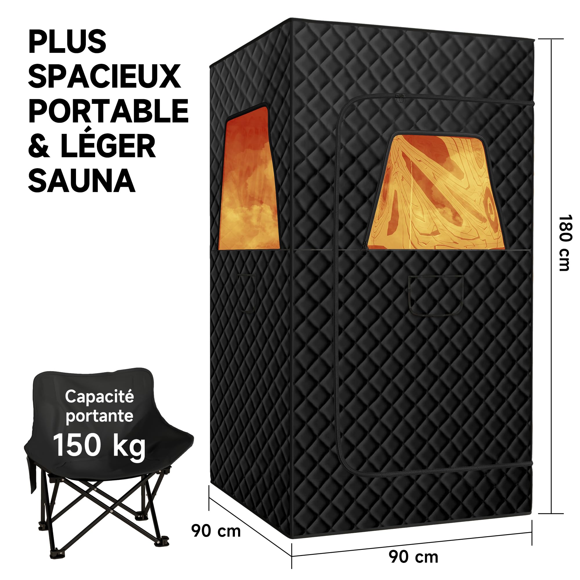 Resitsland Sauna Portable, spacieux et Portable pour la Maison, boîte de Tente de Sauna avec cuiseur Vapeur de 3 l, 90 x 90 x 180 cm, télécommande, Chaise Pliante, 9 Niveaux Nior