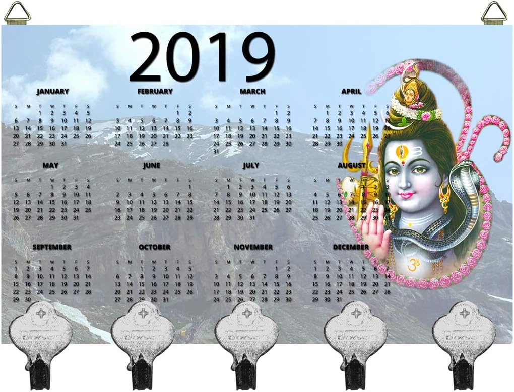 Kartik Digital Printed Calendar 2019 Designer Key Holder 5 Hook Hanging Key Holder 15 x 25 x .5 cm Multi Color Matte Finish Key Holders