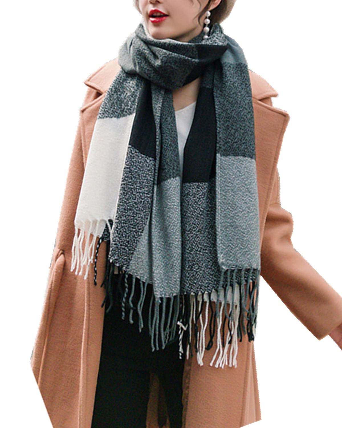 Mocasor Plaid Blanket Scarves for Women, Ladies Fashion Winter Warm Tartan Oversized Long Checked Shawls and Wraps (Black Grey White)