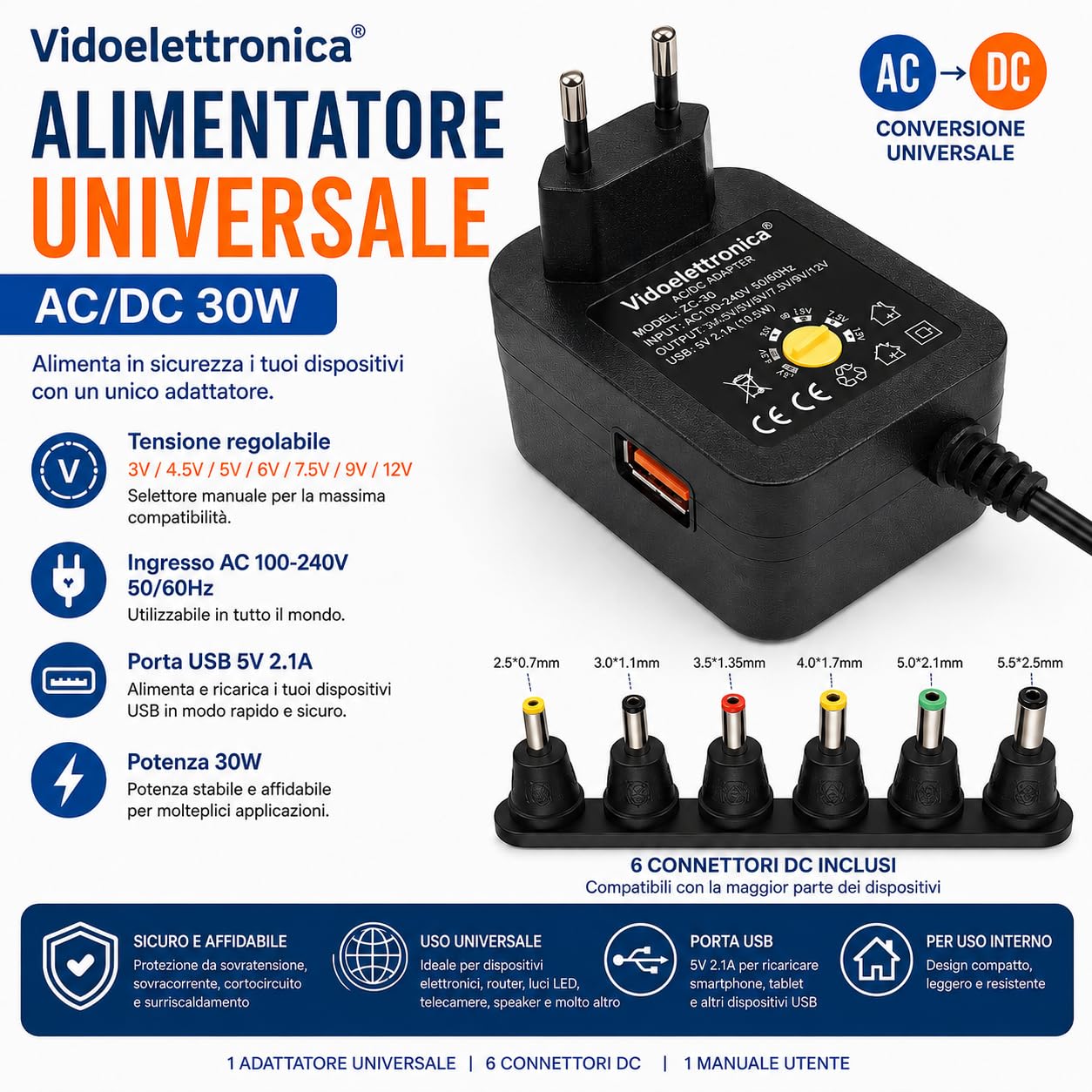 Zasilacz Uniwersalny 3V 4.5V 5V 6V 7.5V 9V 12V 1000MA 12w Max 8 ADAPTERY