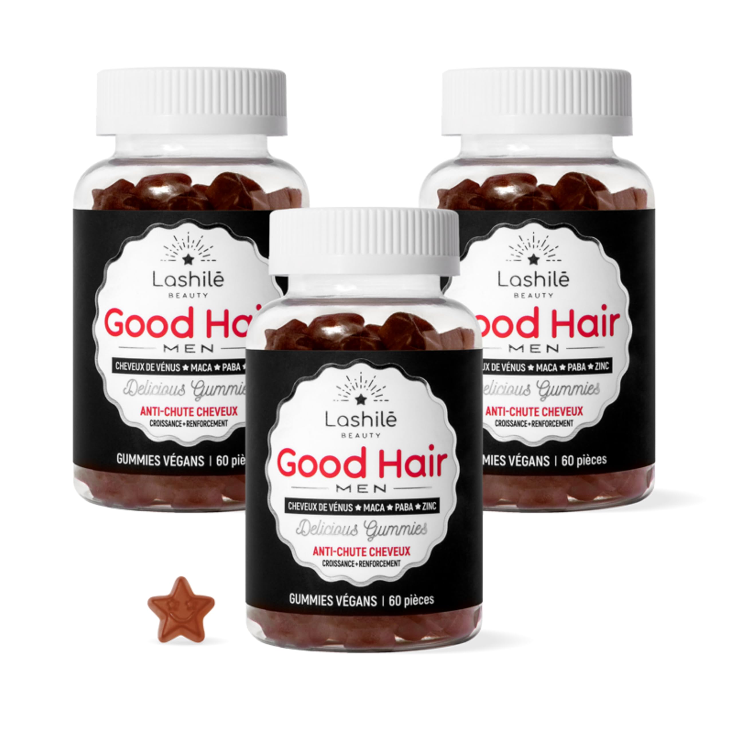 Lashilé Beauty - Integratore alimentare - Anti-caduta capelli e Rinforzo capillare - Crescita e Densità Good Hair Men - Made in France - Zinco Maca Capelvenere - Cura 3 Mesi 180 Gummies