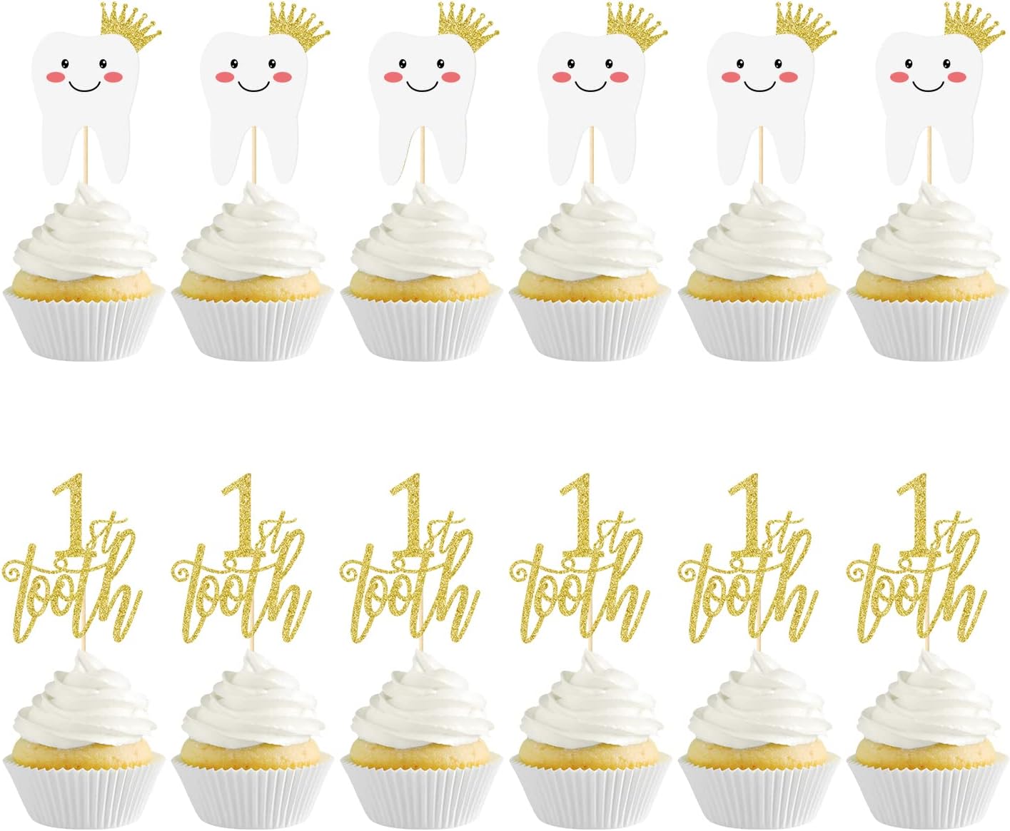 1st Tooth cupcake toppers, 12Pcs First Teething Party Decoration, Pre-assembled Double-Sided Glitter