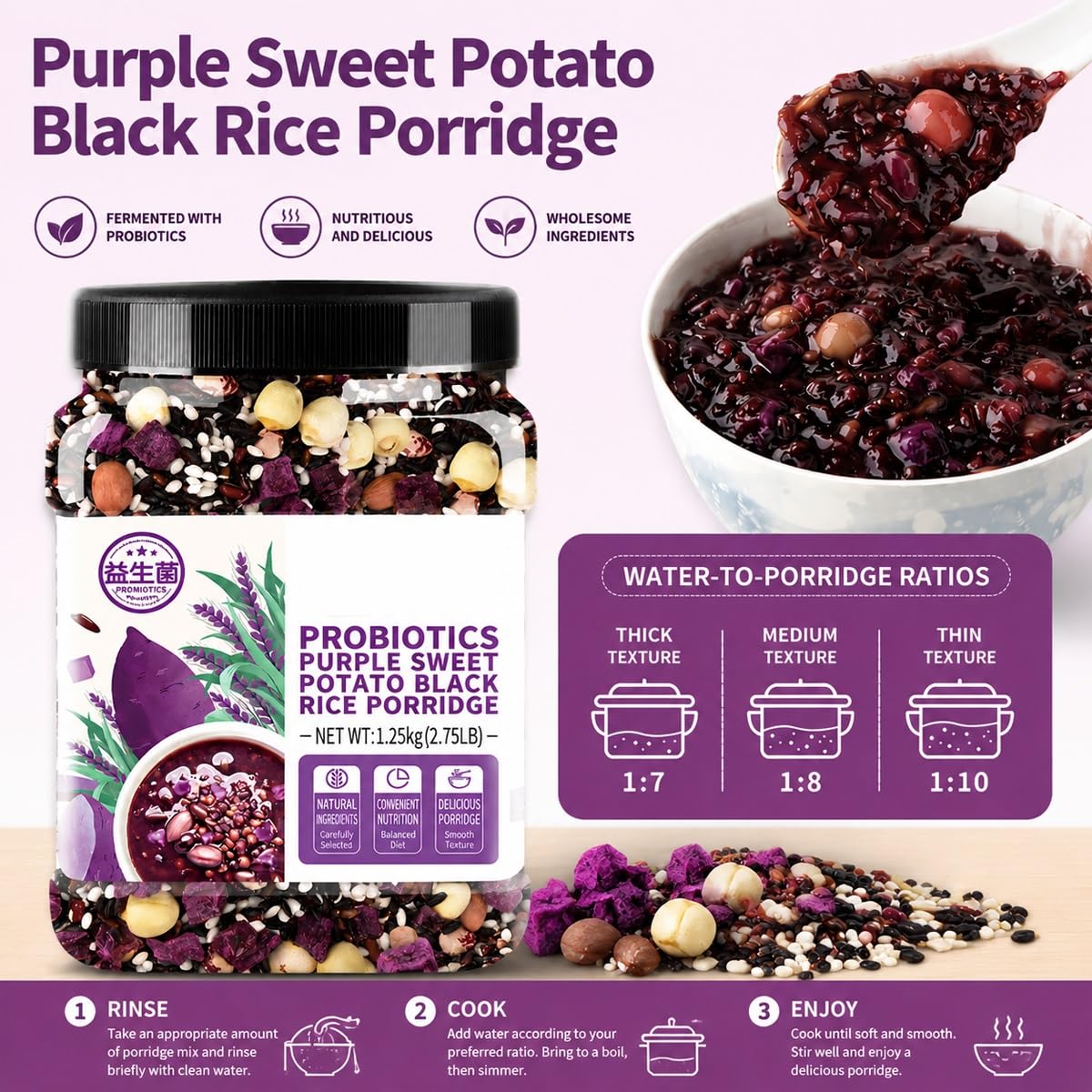 Patata Dolce Riso Nero Cereali Porridge Zuppa Colazione Miscela | Confezione 1250g Con Arachidi Fagioli Loto Per Cuociriso. Chicchi Pieni, Rapporto Acqua Da 1:7 A 1:10.