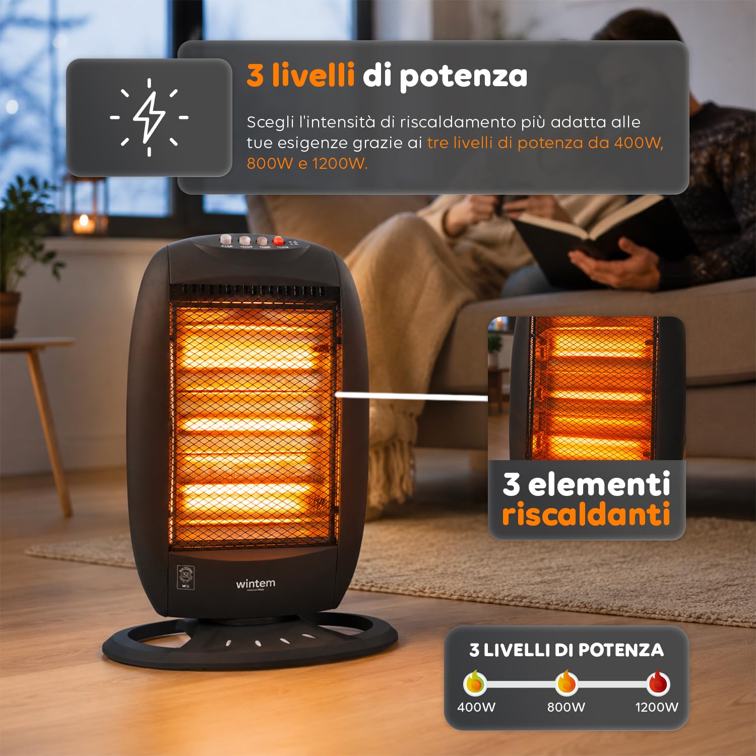 Wintem Stufa Alogena Elettrica 3 Elementi Indipendenti 1200W - Ideale per Riscaldare Piccole Stanze in Casa o Ufficio con Protezione al Ribaltamento e Antisurriscaldamento per una Sicurezza Ottimale