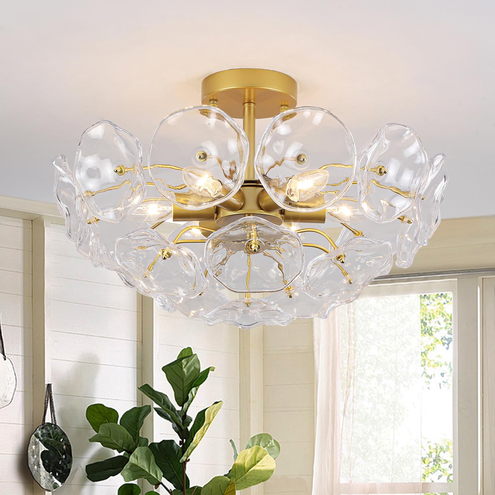JHLBYL Gold Semi Flush Ceiling Light, 6-Light Clear Glass Lotus Leaf Modern Ceiling Lamp, Dimmable E14 Sockets, 49cm Low Profile Ceiling Fitting for Bedroom, Living Room, Hallway, Kitchen