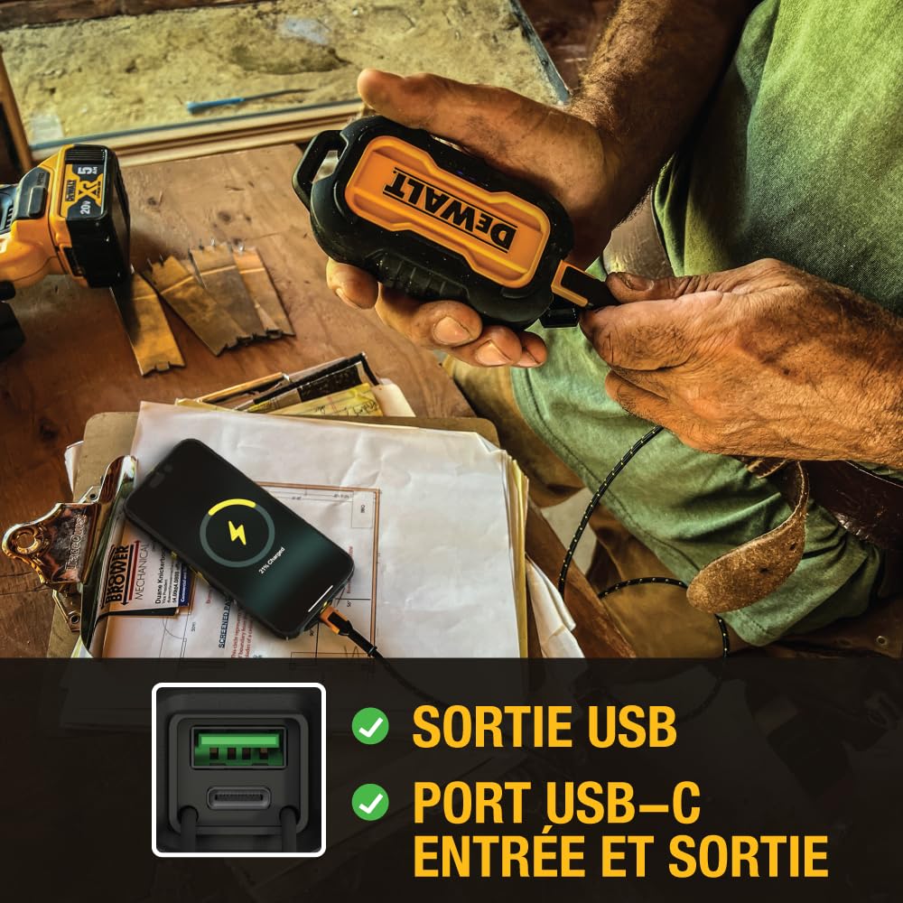 DEWALT Chargeur Portable DEWALT, Power Bank, Batterie 10 000 mAh avec Port USB-C pour iPhone 16/16 Plus/16 Pro/16 Pro Max, iPhone 15 Series 14/13, Samsung Galaxy