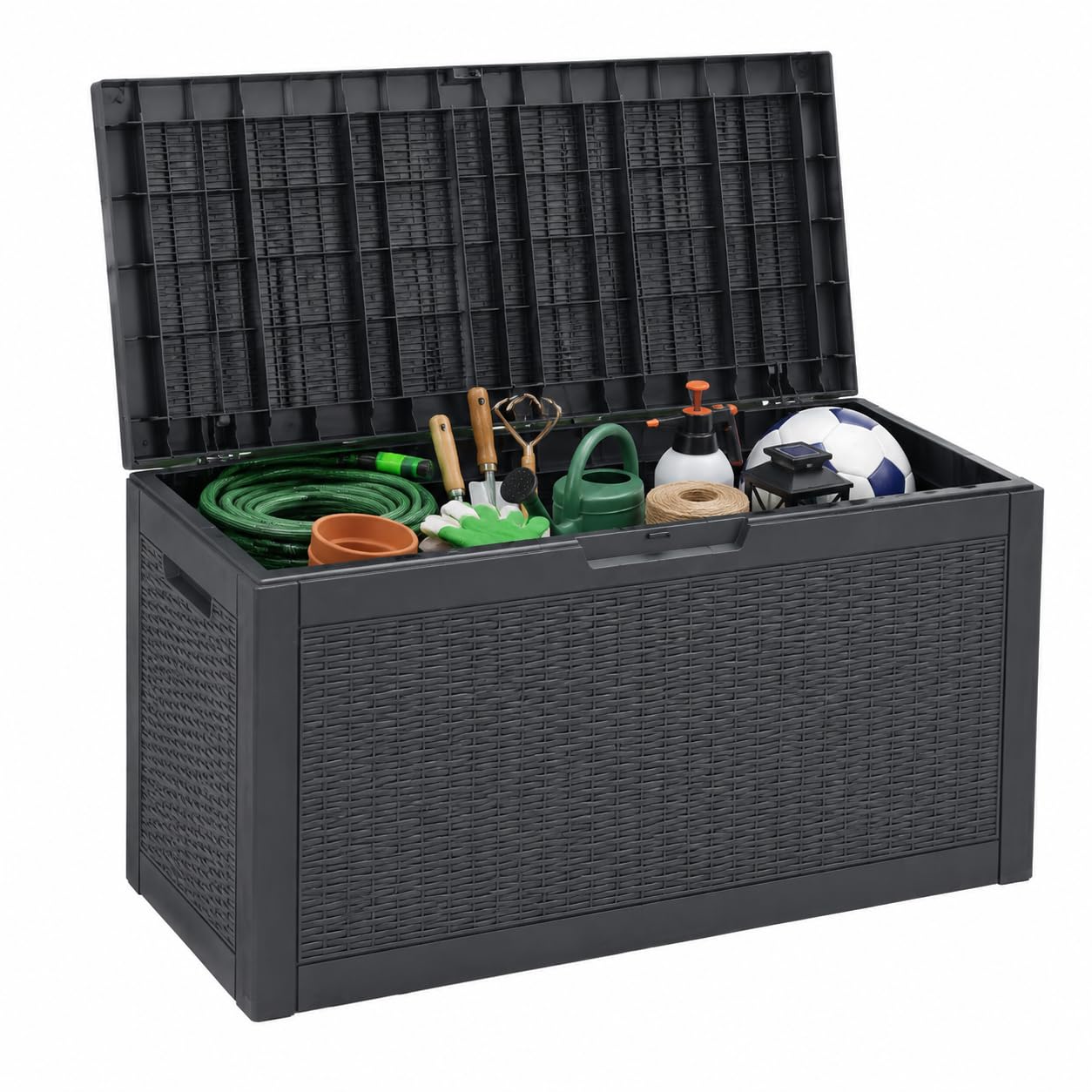60 Galloni Baule da Esterno, Contenitore da Terrazzo in Resina 227L con Coperchio Bloccabile, Effetto Rattan Resistente all’Acqua per Cuscini, Attrezzi, Piscina, Giochi, Patio e Giardino