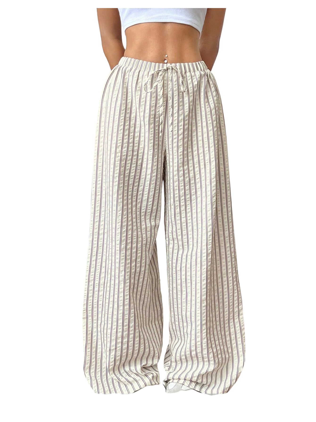 Floerns Womens Plus Size Striped Wide Leg Pants Elastic Waist Drawstring Lounge Trousers