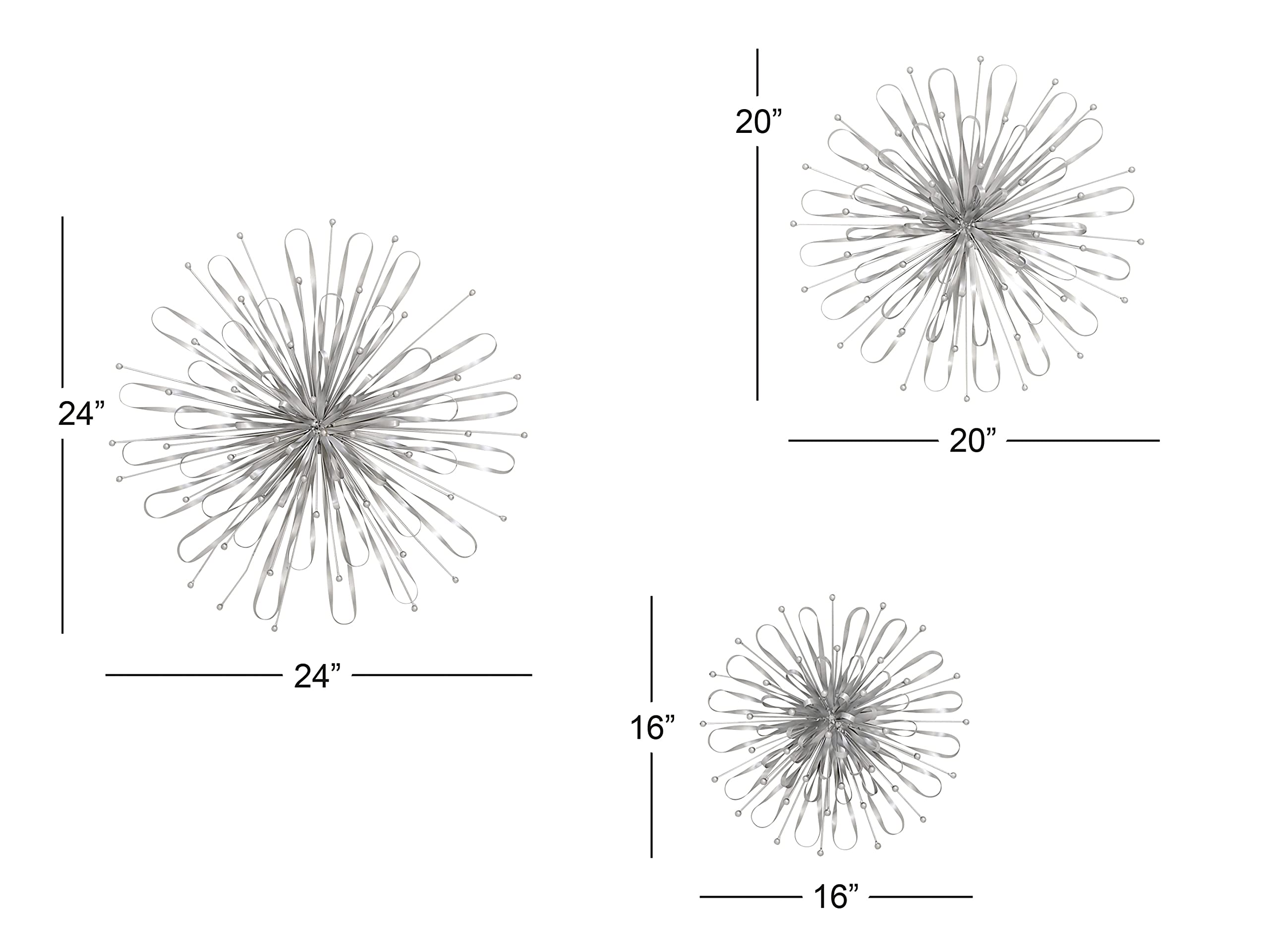 Deco 79 Metal Starburst Wall Decor with Orb Detailing, Set of 3 16", 20", 24"D, Silver