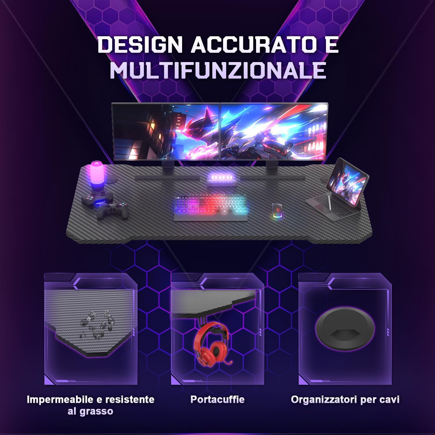 JUMMICO Scrivania Gaming 120 x 60 cm, Tavolo Gaming Ergonomica, Scrivania per Computer Postazione Gamer con Piano del Tavolo in Fibra di Carbonio Adatto Sia per i Giocatori Che per l'uso in Ufficio.
